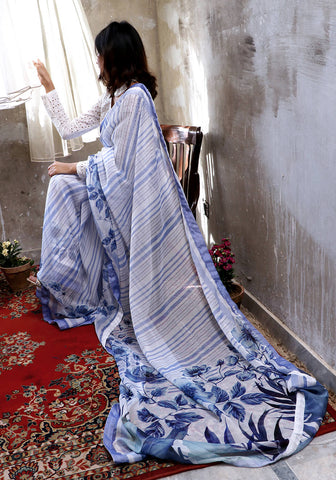 Digital Printed Saree - Blue & White