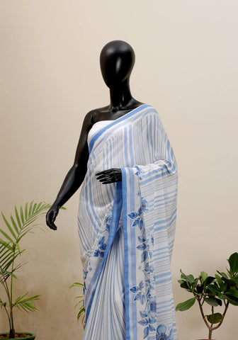 Digital Printed Saree - Blue & White