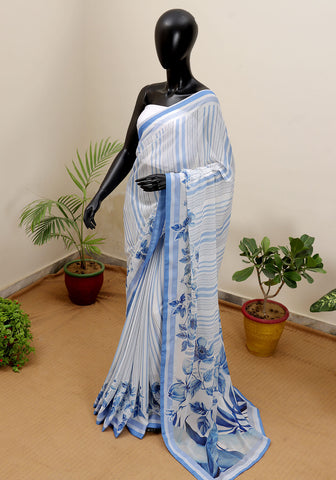 Digital Printed Saree - Blue & White