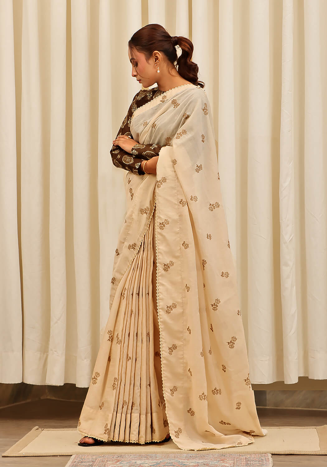 Embroidered Saree -  Beige
