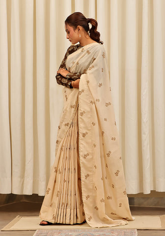 Embroidered Saree -  Beige
