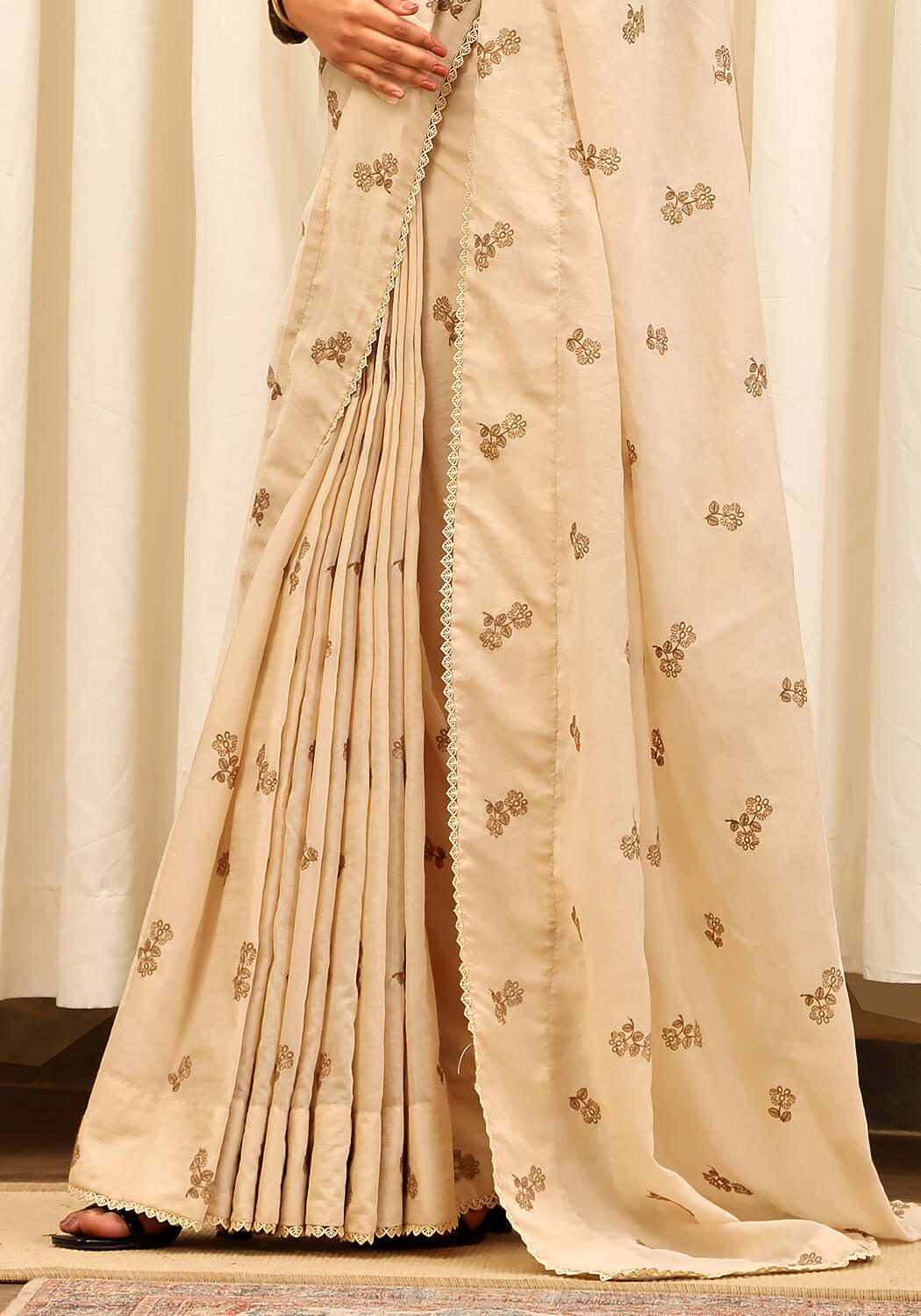 Embroidered Saree -  Beige