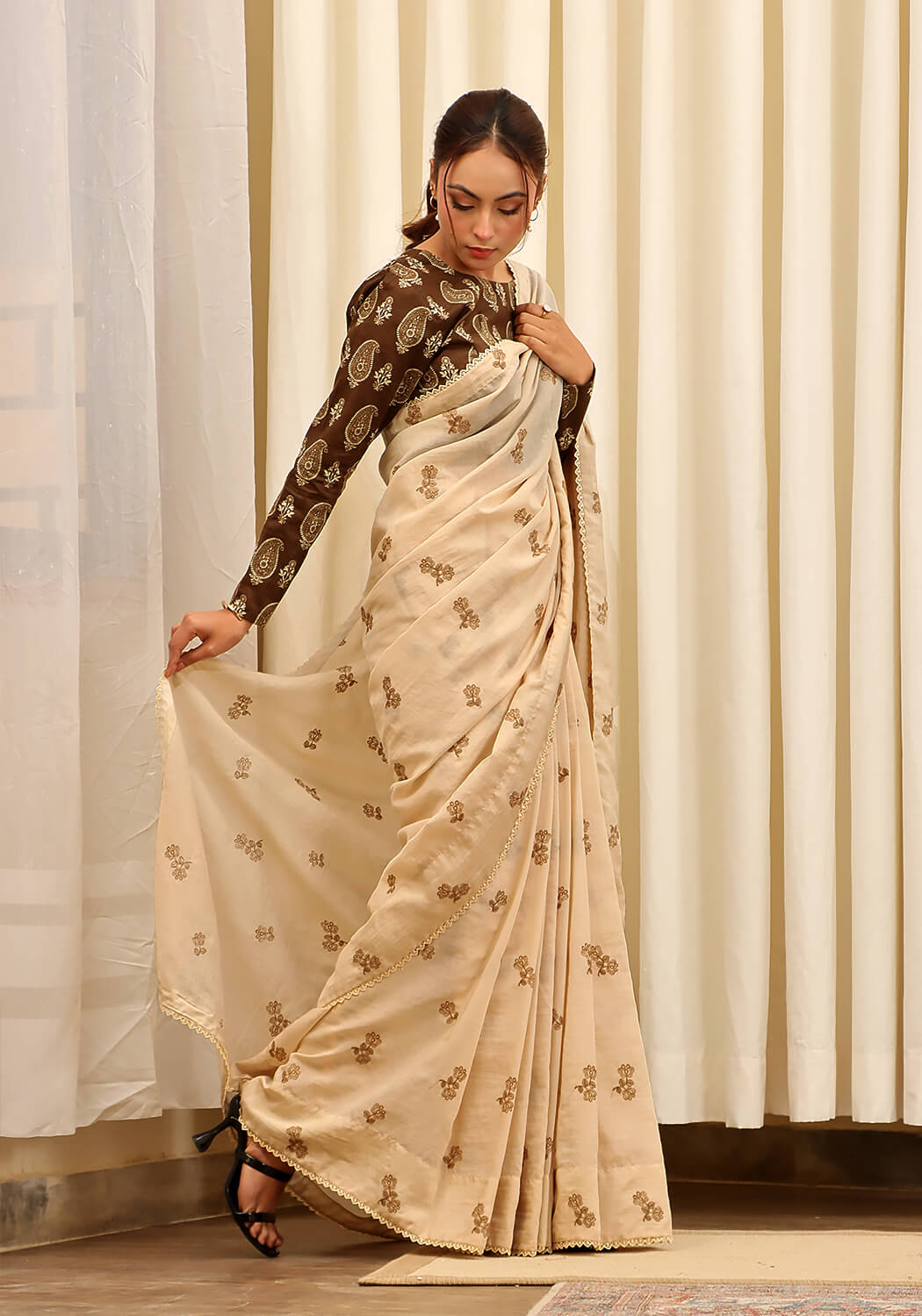 Embroidered Saree -  Beige