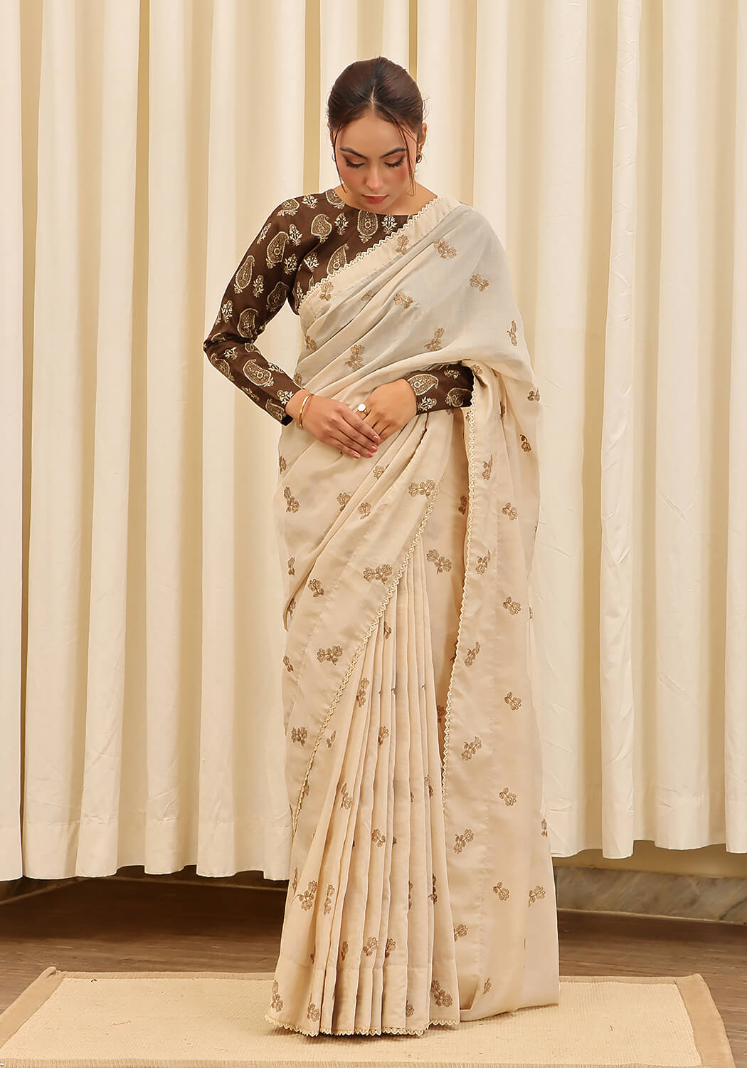 Embroidered Saree -  Beige