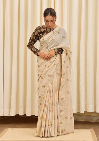 Embroidered Saree -  Beige