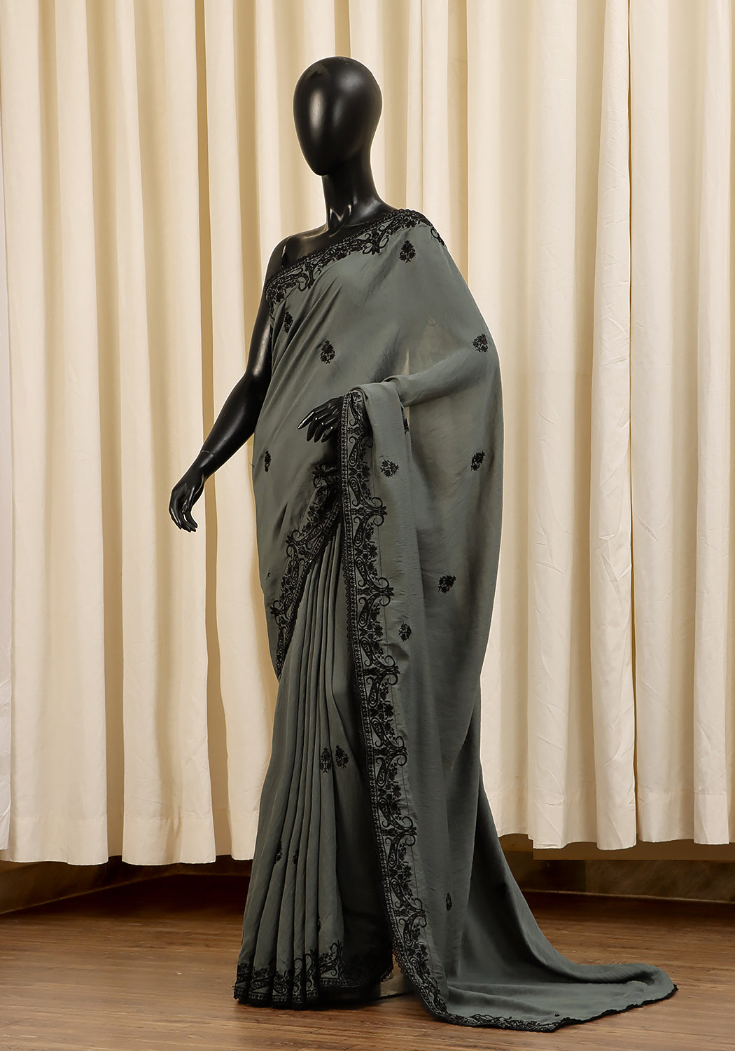 Embroidered Saree -  Army Green