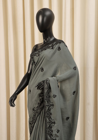 Embroidered Saree -  Army Green