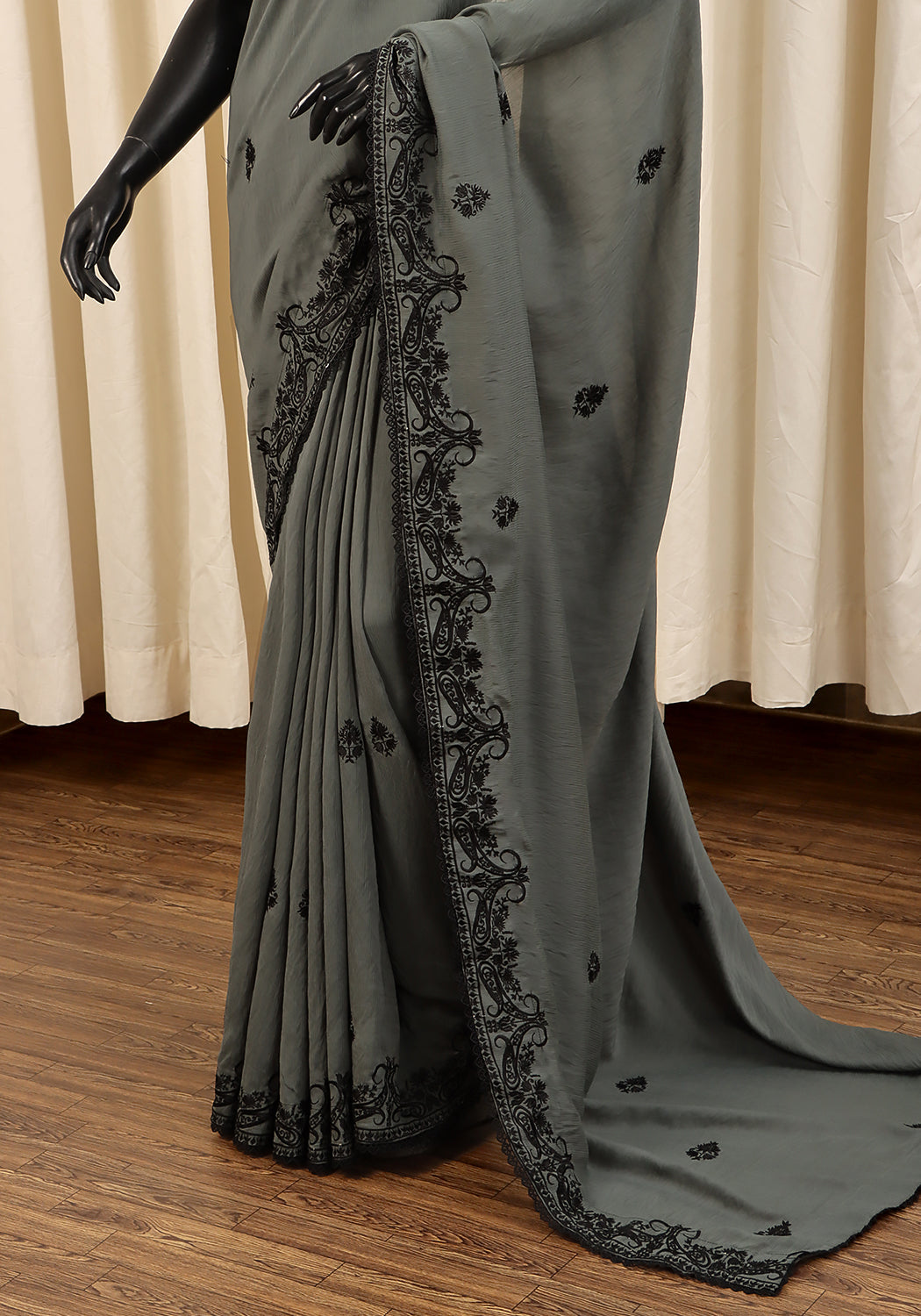 Embroidered Saree -  Army Green