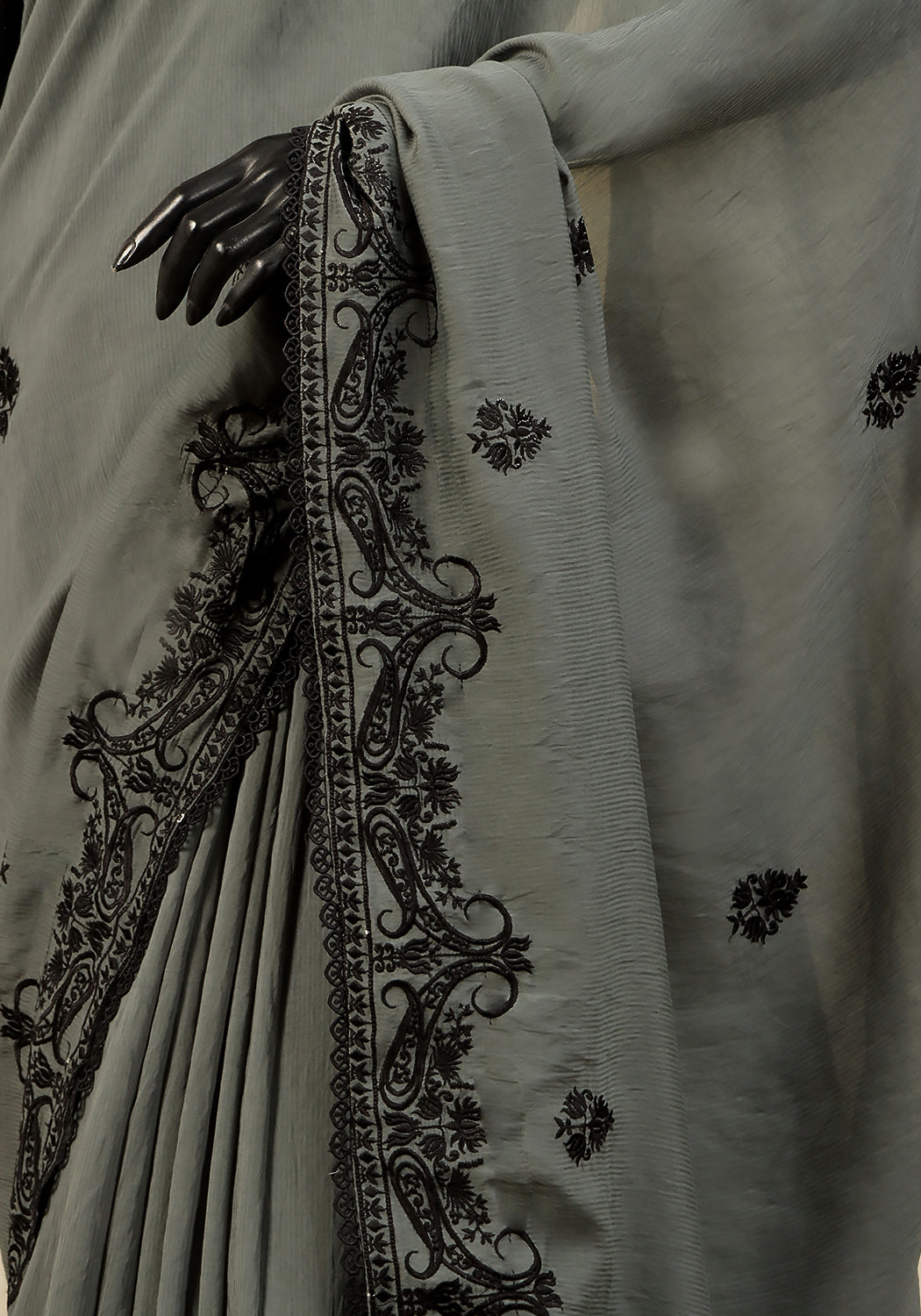 Embroidered Saree -  Army Green