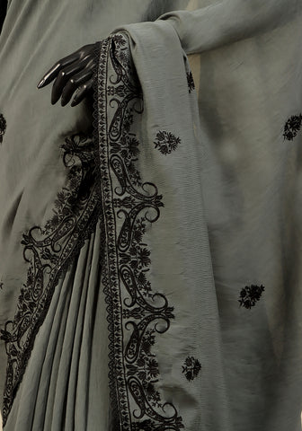 Embroidered Saree -  Army Green