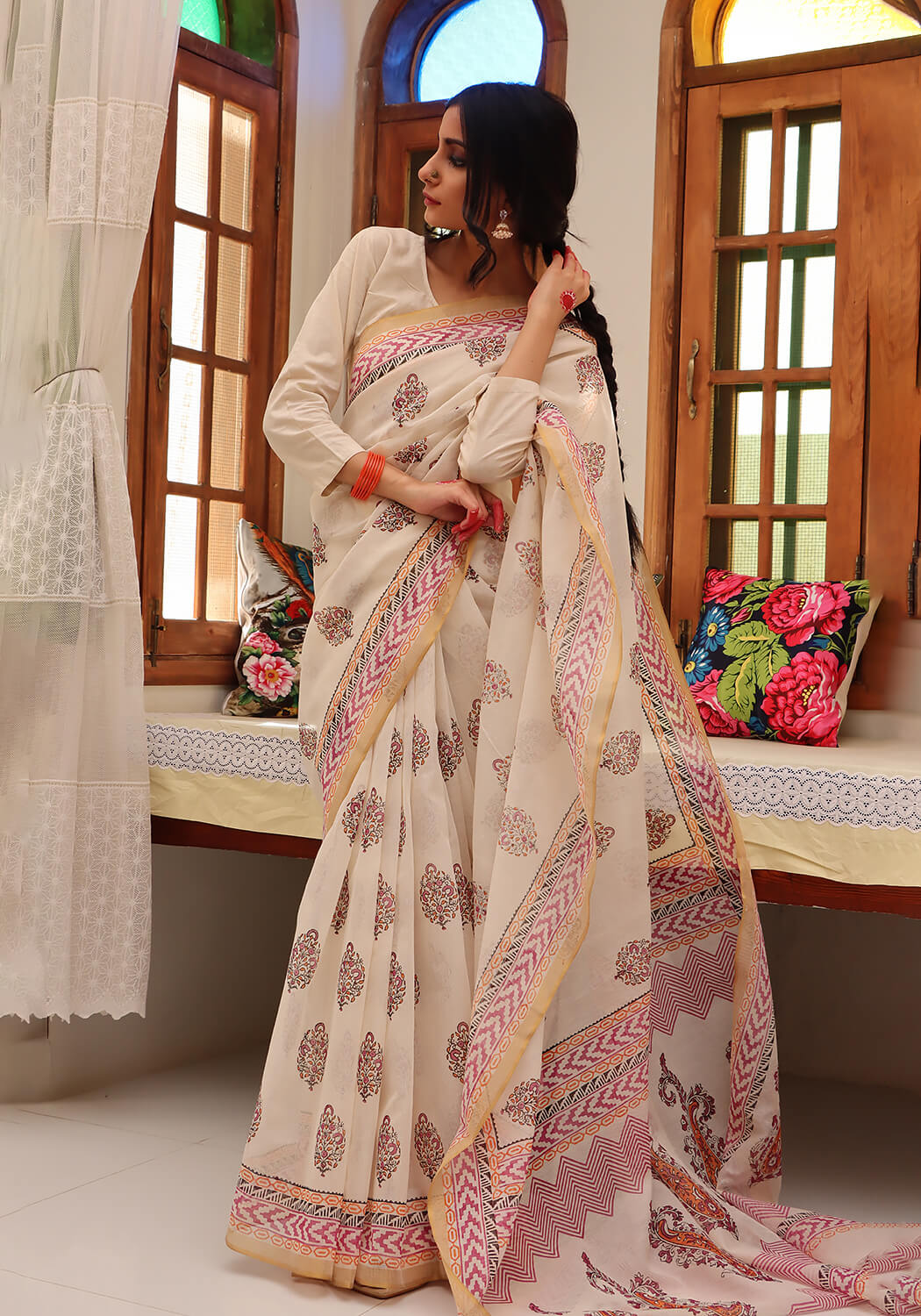 Block Print Kota Doria - Pink & Orange