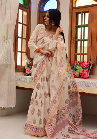 Block Print Kota Doria - Pink & Orange
