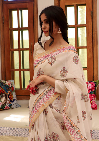 Block Print Kota Doria - Pink & Orange