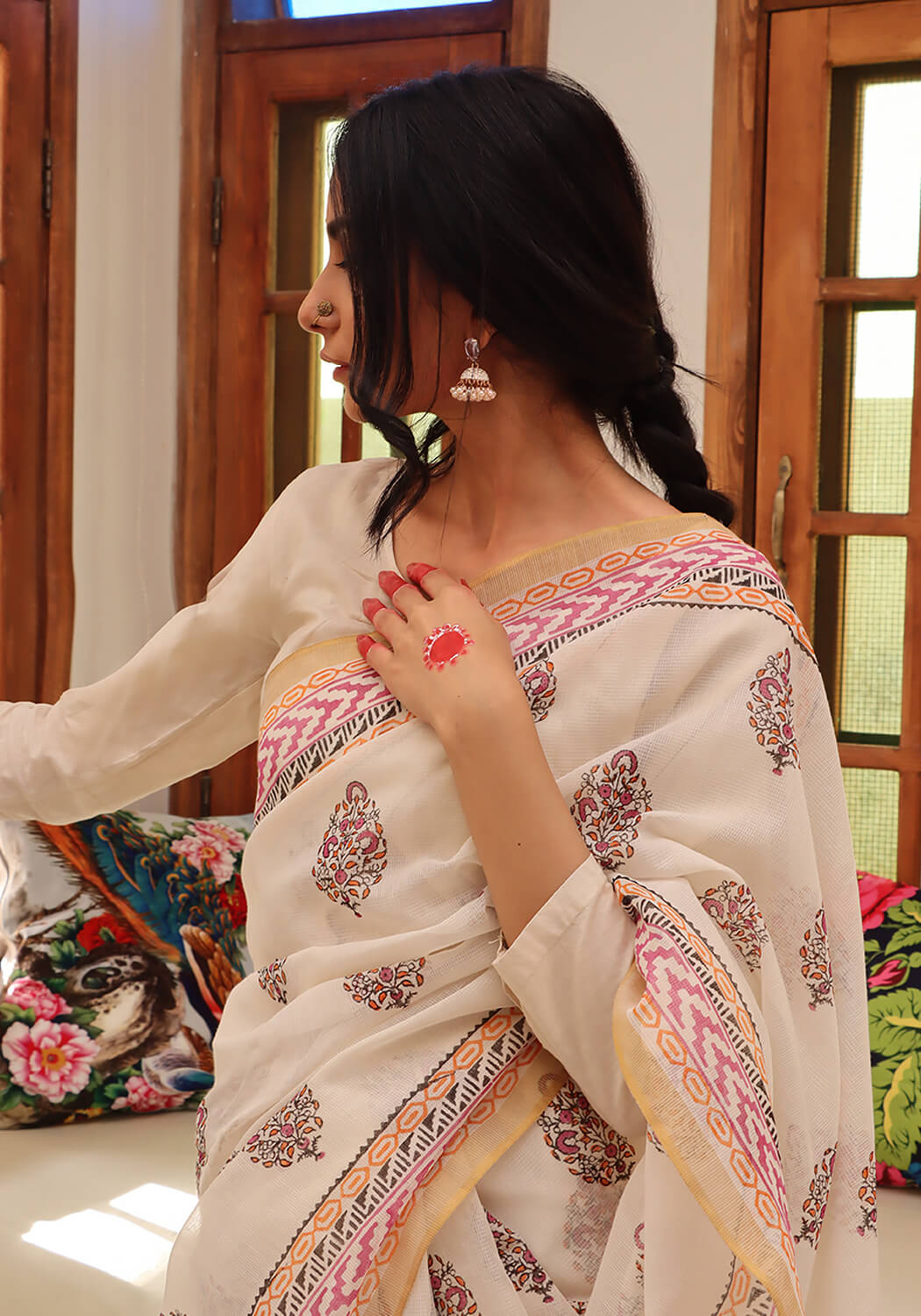 Block Print Kota Doria - Pink & Orange