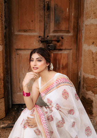 Block Print Kota Doria - Pink & Orange