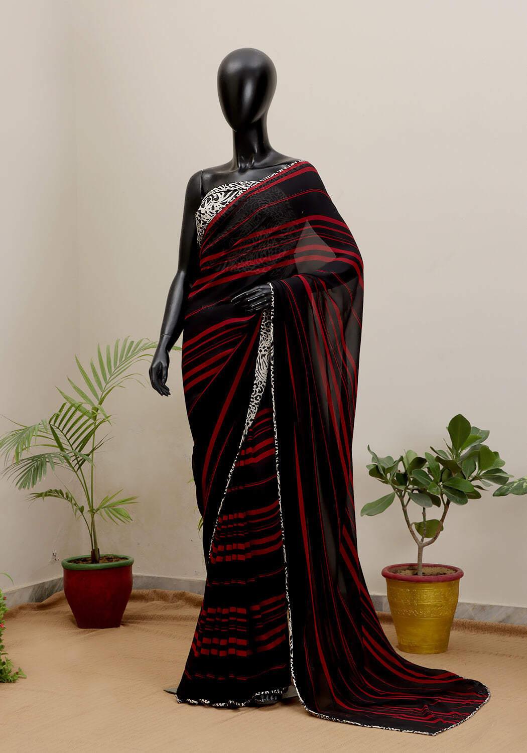 Georgette Striped Saree - Black & Red