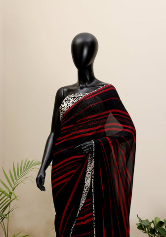 Georgette Striped Saree - Black & Red