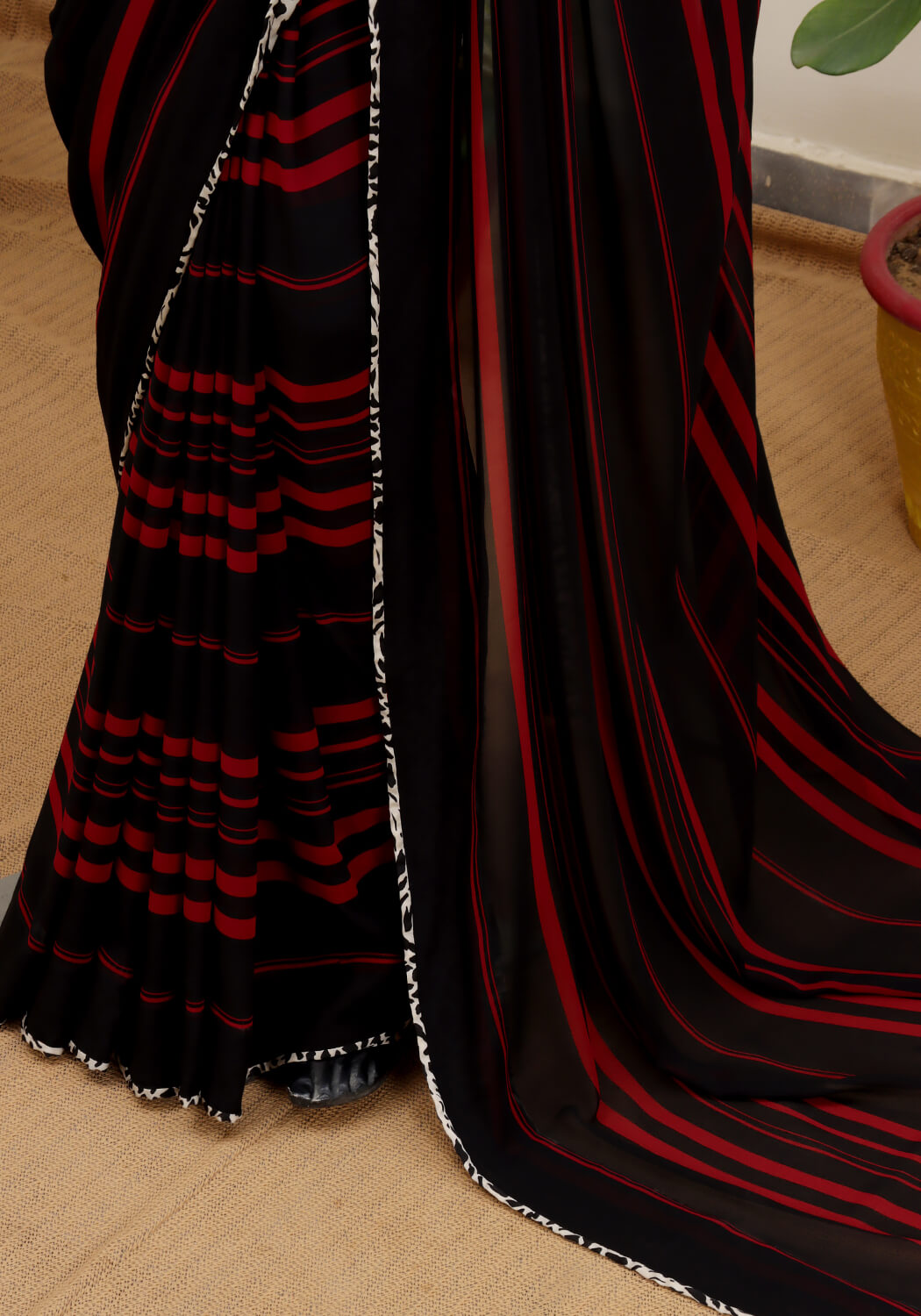 Georgette Striped Saree - Black & Red