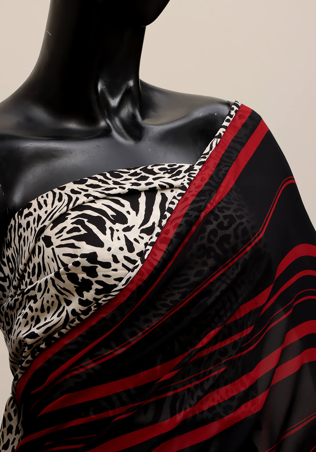 Georgette Striped Saree - Black & Red