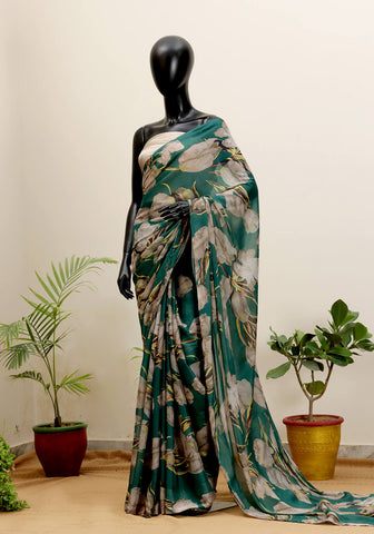 Digital Printed Silk Saree - Forest Green