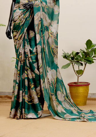 Digital Printed Silk Saree - Forest Green