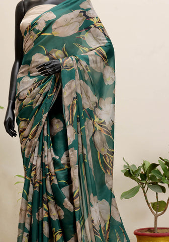 Digital Printed Silk Saree - Forest Green