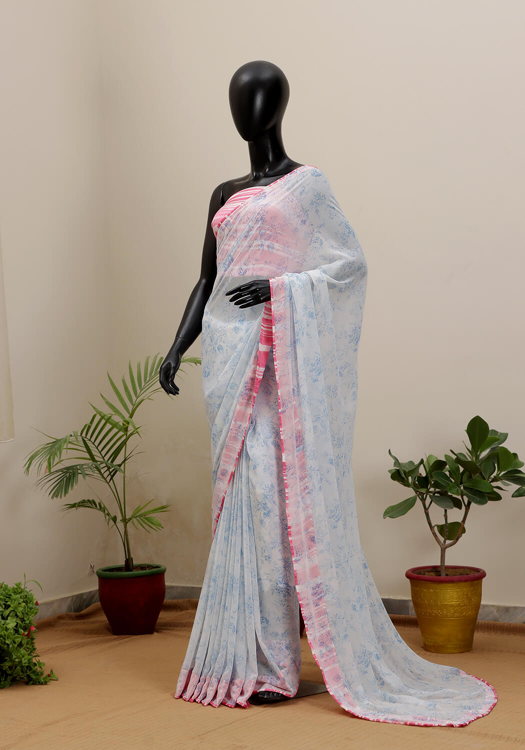 Georgette Floral Saree - Blue & White