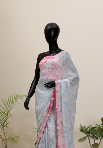 Georgette Floral Saree - Blue & White