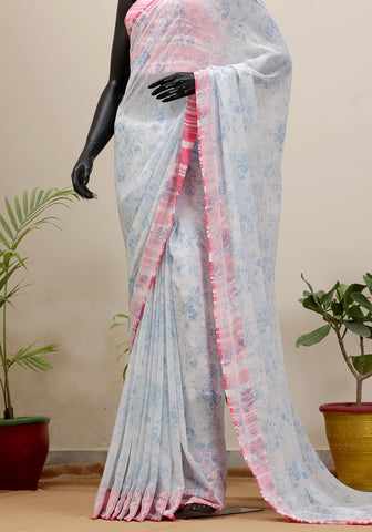 Georgette Floral Saree - Blue & White