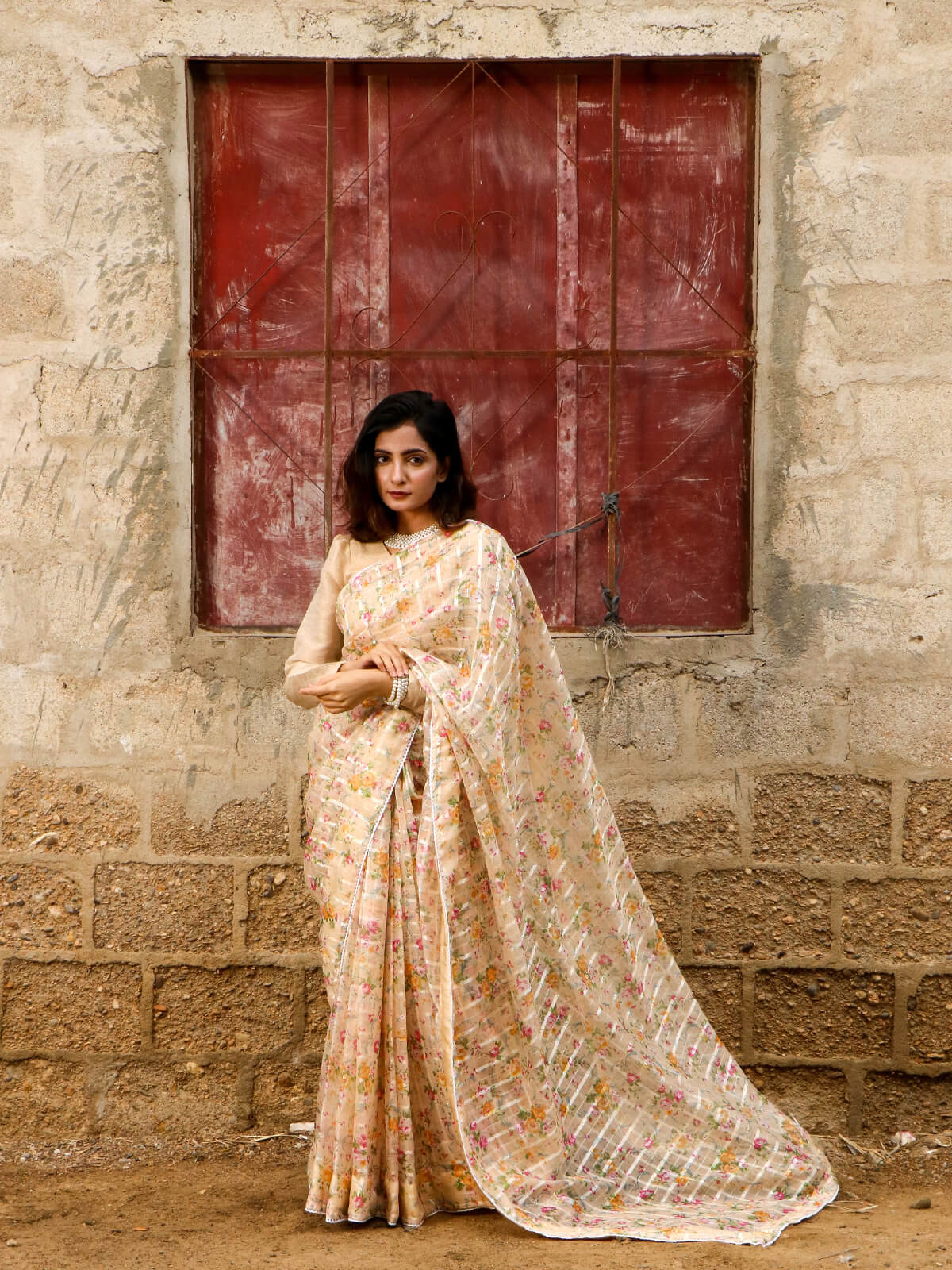 Floral Organza Tissue Saree - Butter Cream