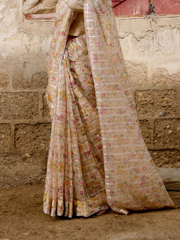 Floral Organza Tissue Saree - Butter Cream