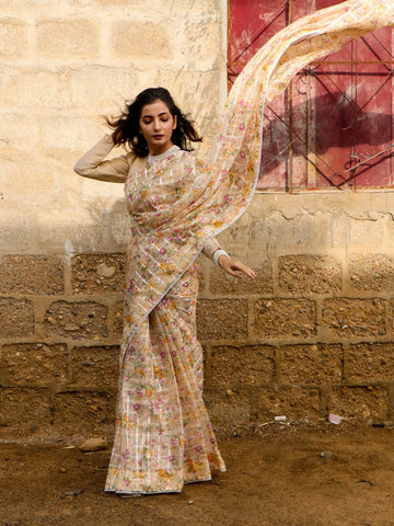 Floral Organza Tissue Saree - Butter Cream