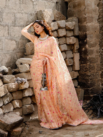 Floral Organza Tissue Saree - Peach