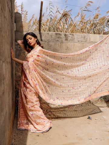 Floral Organza Tissue Saree - Peach