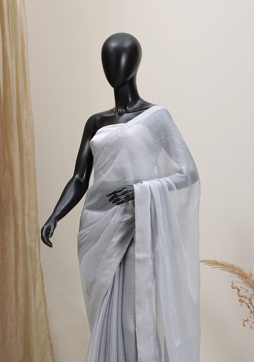 Stone Work Saree - Ash Grey