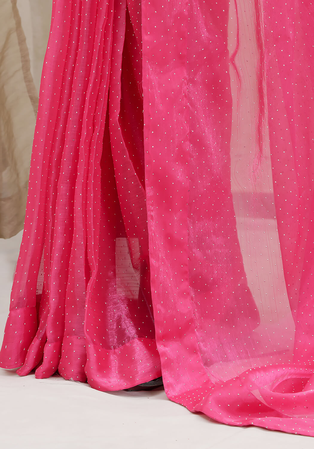 Stone Work Saree - Hot Pink