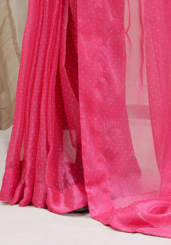 Stone Work Saree - Hot Pink