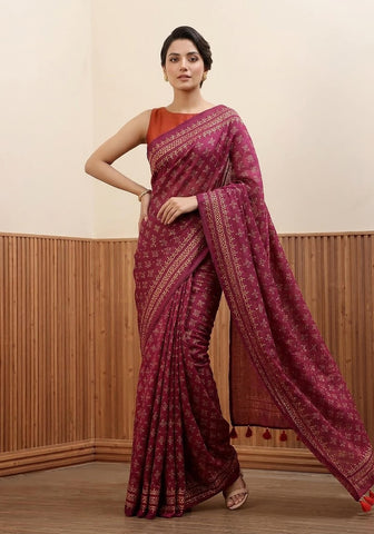 Block Print Saree - Magenta