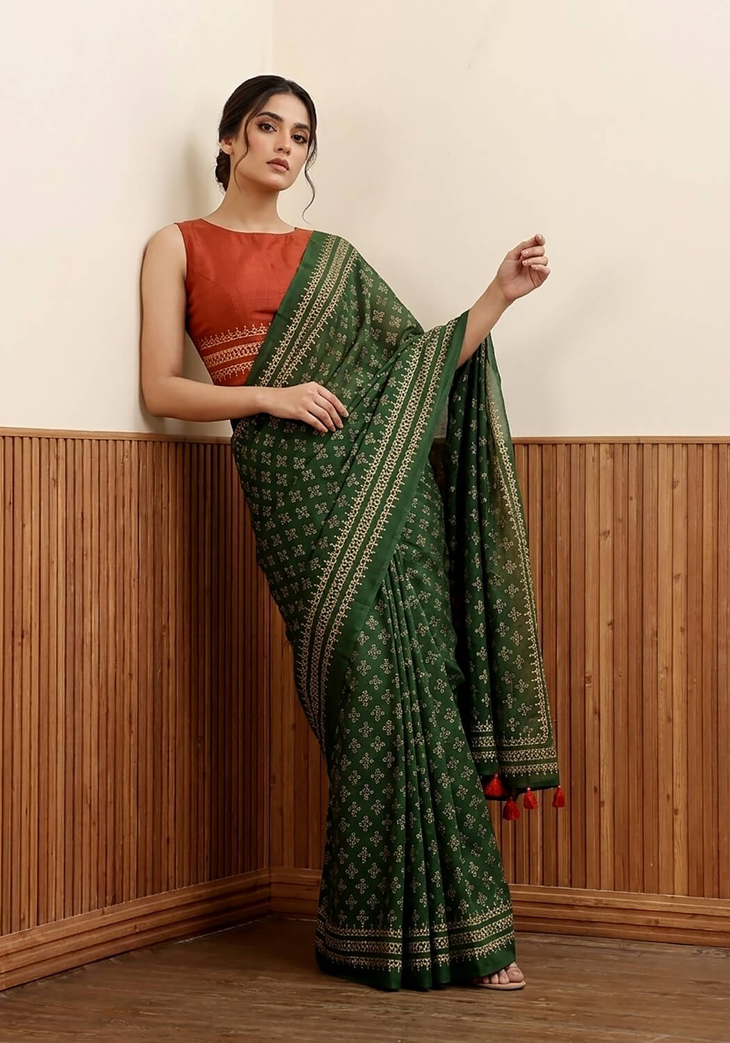 Block Print Saree - Bottle Green