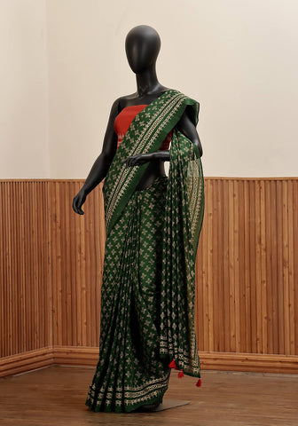 Block Print Saree - Bottle Green
