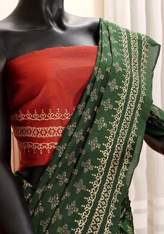 Block Print Saree - Bottle Green