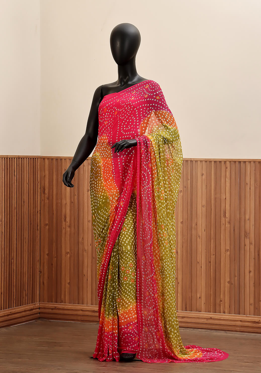 Chiffon Chunri Saree - Pink & Lime
