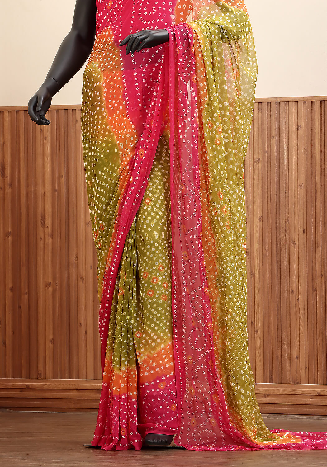 Chiffon Chunri Saree - Pink & Lime