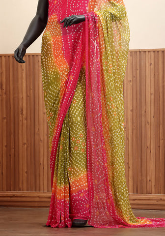 Chiffon Chunri Saree - Pink & Lime