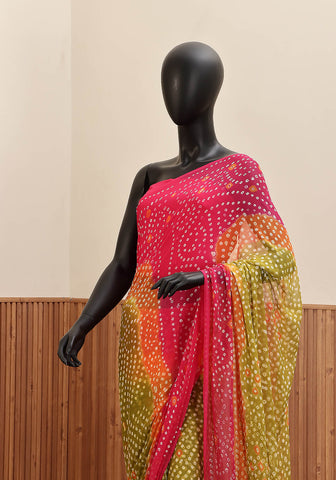 Chiffon Chunri Saree - Pink & Lime