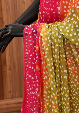 Chiffon Chunri Saree - Pink & Lime