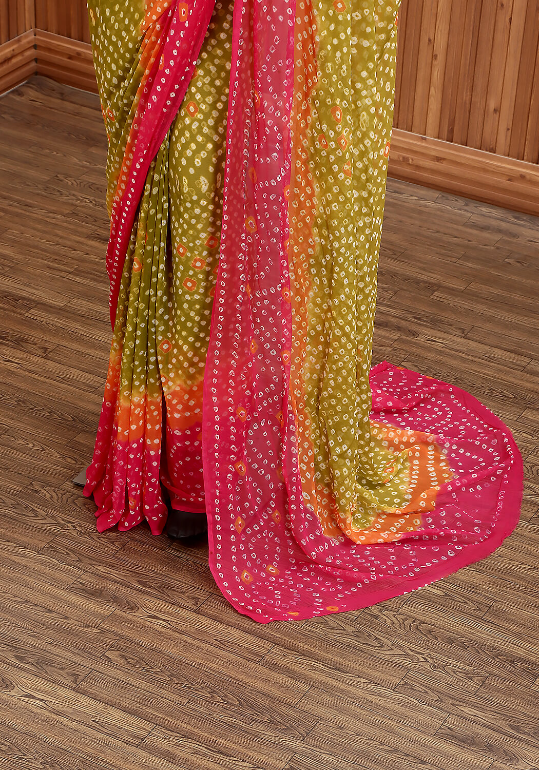 Chiffon Chunri Saree - Pink & Lime
