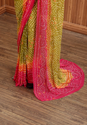 Chiffon Chunri Saree - Pink & Lime