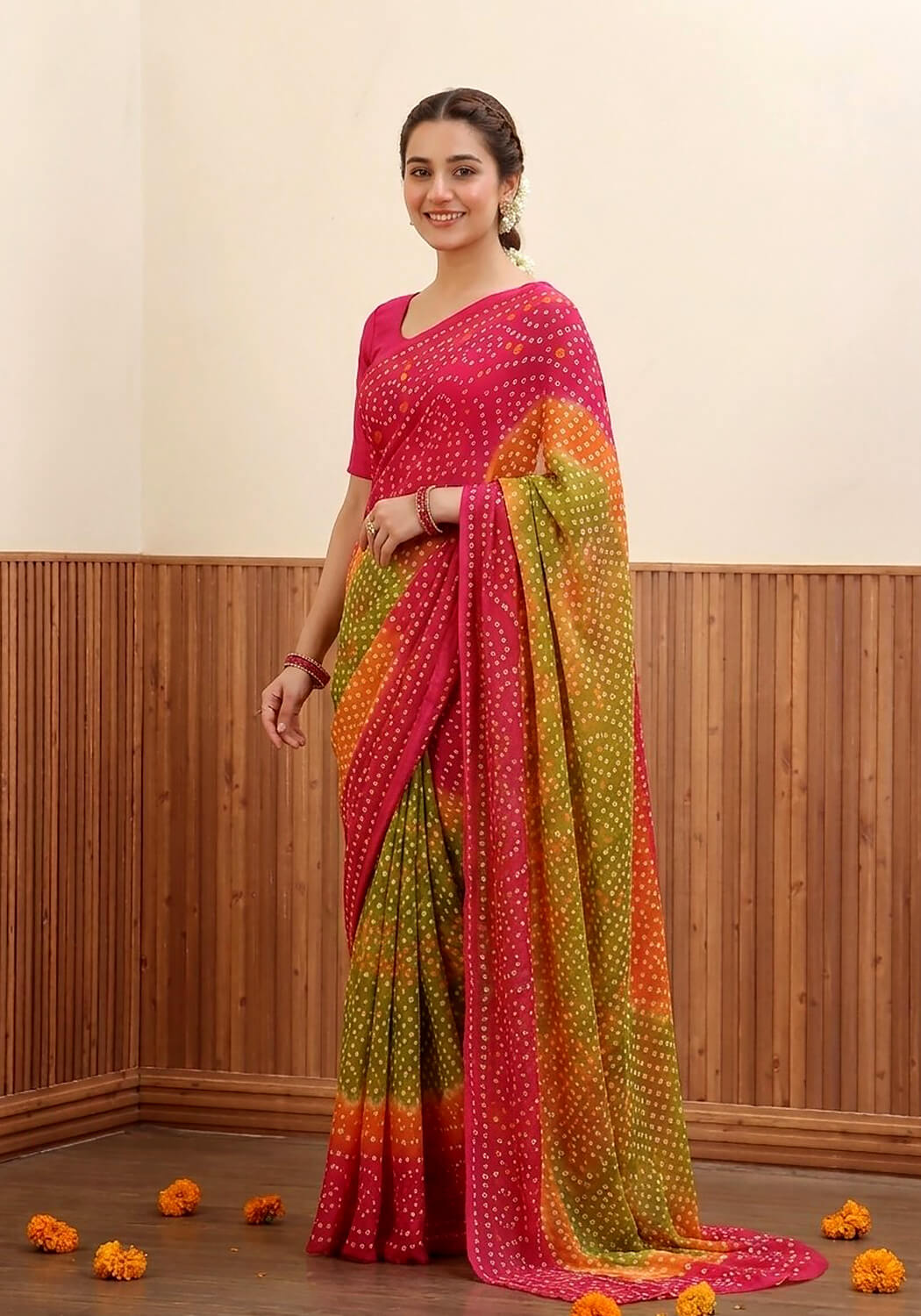 Chiffon Chunri Saree - Pink, Lime & Orange
