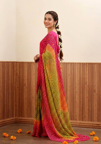 Chiffon Chunri Saree - Pink, Lime & Orange